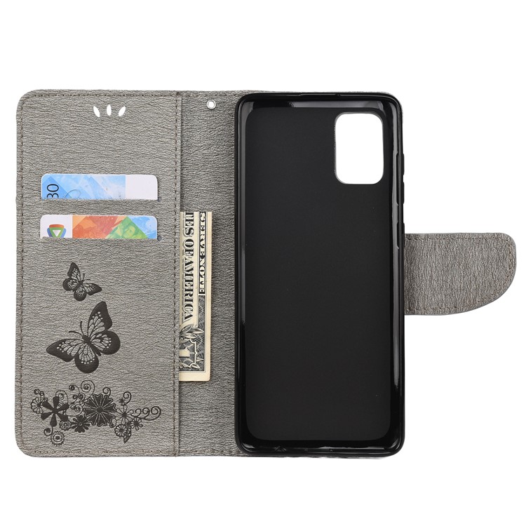 Imprint Butterfly Flower Leather Phone Shell Wallet Case for Samsung Galaxy A71 - Grey-4