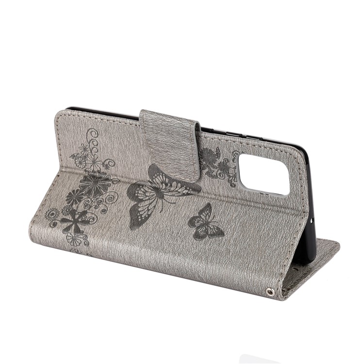 Imprint Butterfly Flower Leather Phone Shell Wallet Case for Samsung Galaxy A71 - Grey-6