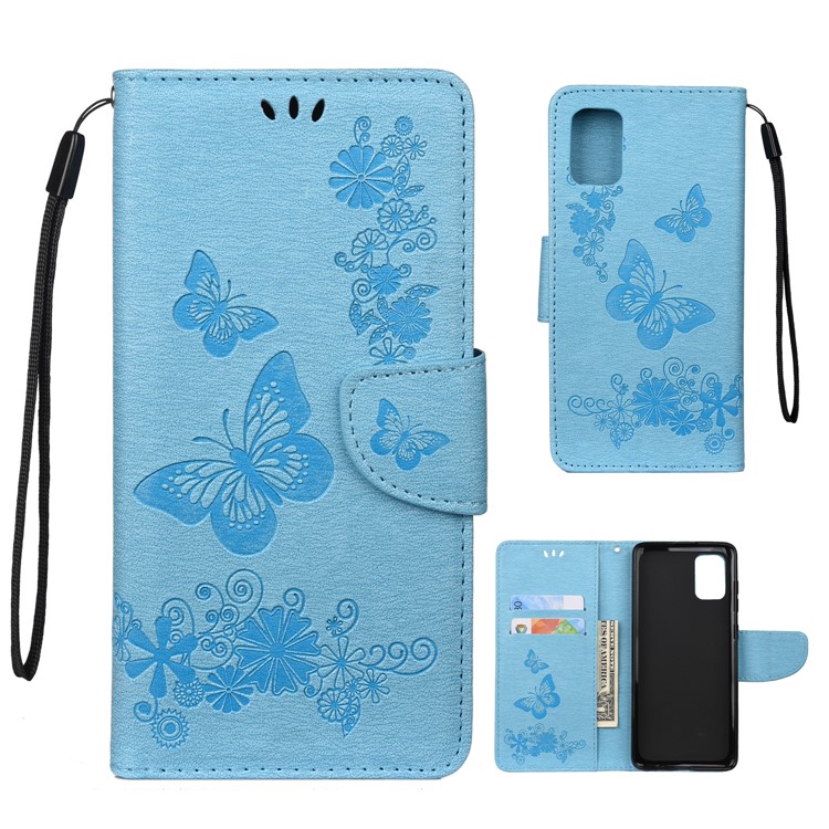 Imprint Butterfly Flower Leather Phone Shell Wallet Case for Samsung Galaxy A71 - Blue-1