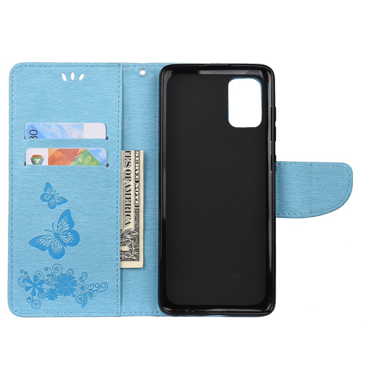 Imprint Butterfly Flower Leather Phone Shell Wallet Case for Samsung Galaxy A71 - Blue-4