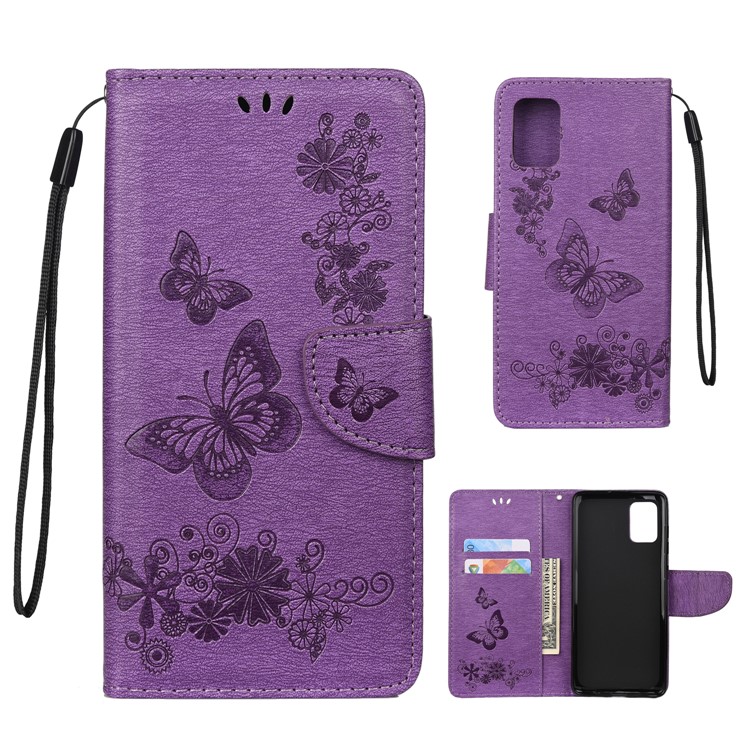 Imprint Butterfly Flower Leather Phone Shell Wallet Case for Samsung Galaxy A71 - Purple-1