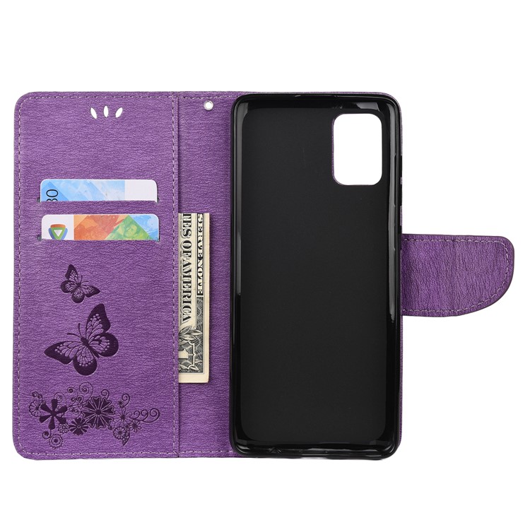 Imprint Butterfly Flower Leather Phone Shell Wallet Case for Samsung Galaxy A71 - Purple-4