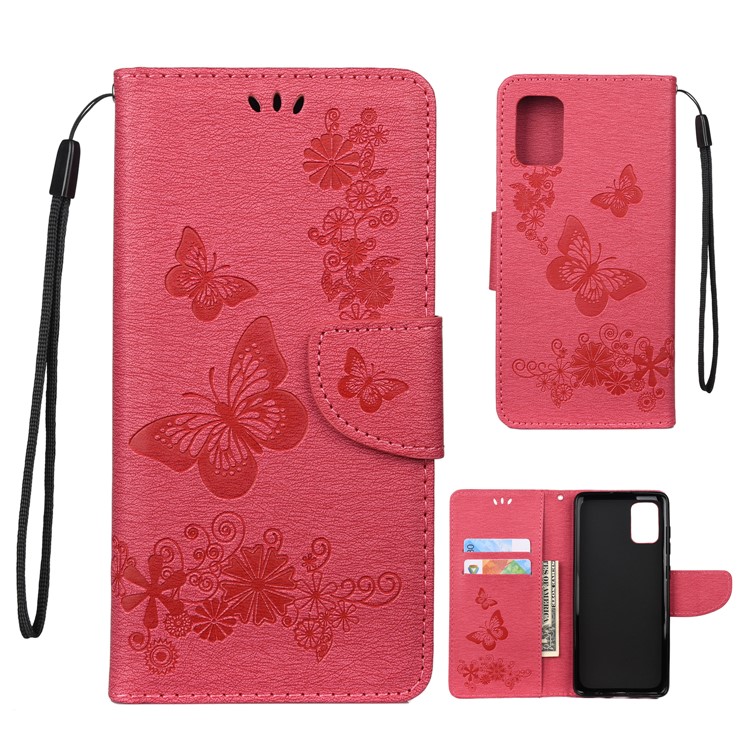 Imprint Butterfly Flowers Leather Stand Wallet Shell for Samsung Galaxy A51 - Rose-1