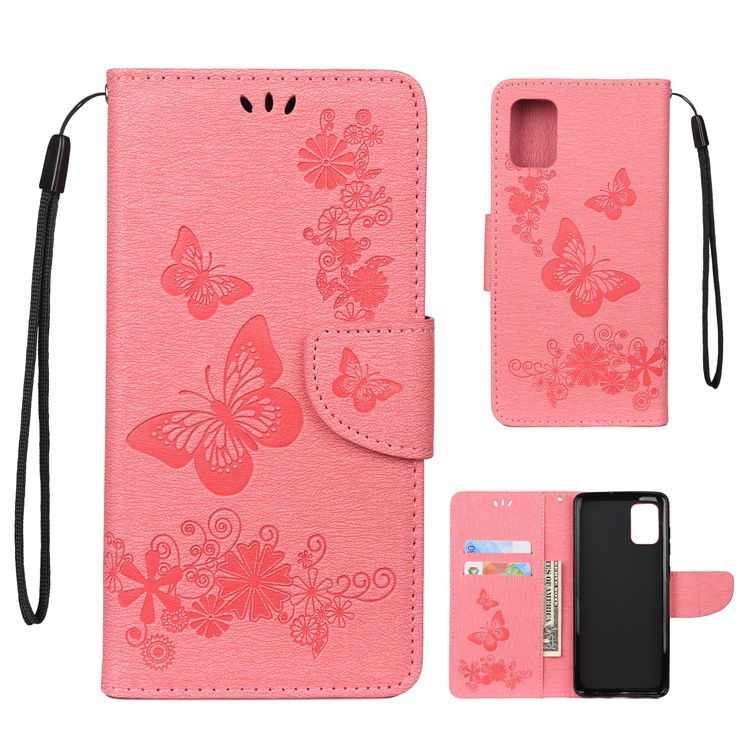 Imprint Butterfly Flowers Leather Stand Wallet Shell for Samsung Galaxy A51 - Pink-1
