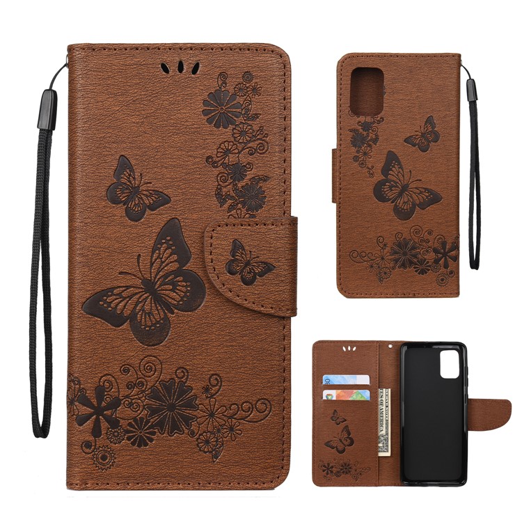 Imprint Butterfly Flowers Leather Stand Wallet Shell for Samsung Galaxy A51 - Brown-1