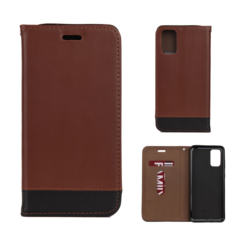 Two-tone Card Holder Stand Split Leather Case for Samsung Galaxy S20 - Brown-1
