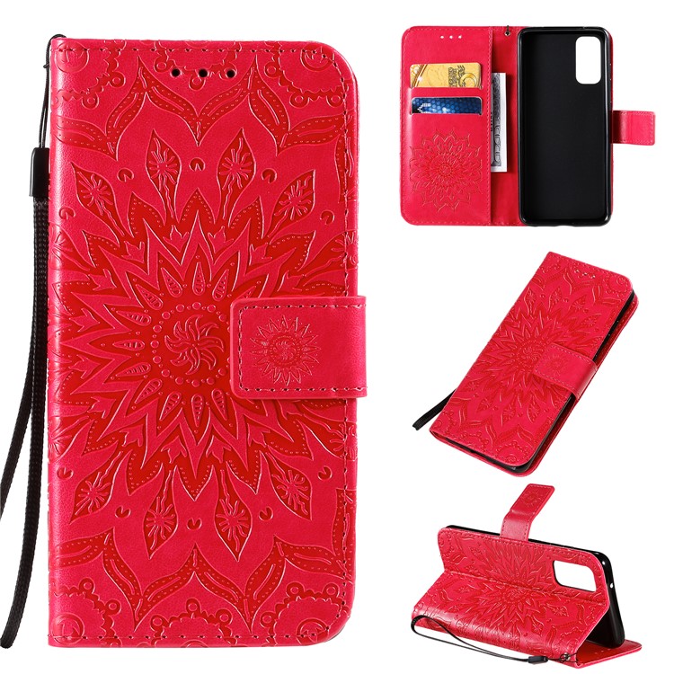Imprint Sunflower Wallet Leather Casing for Samsung Galaxy S20 - Red-1
