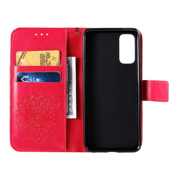Imprint Sunflower Wallet Leather Casing for Samsung Galaxy S20 - Red-5