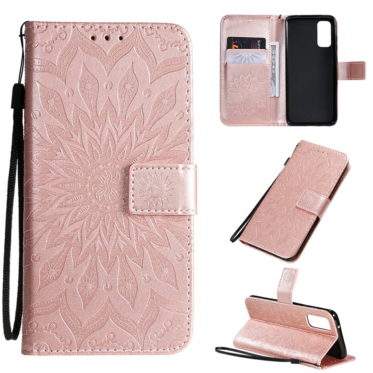 Imprint Sunflower Wallet Leather Casing for Samsung Galaxy S20 - Rose Gold-1
