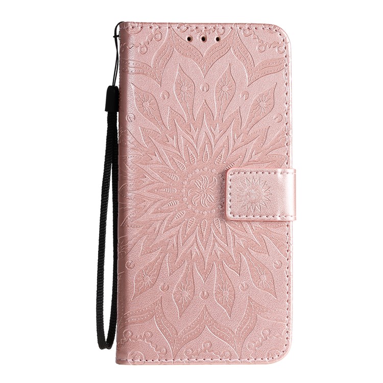 KT Imprinting Flower Série 1 Empreinte Portefeuille de Tournesol Basage en Cuir Pour Samsung Galaxy S20 4g / S20 5G - or Rose