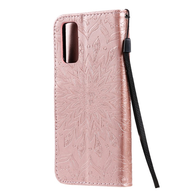 Imprint Sunflower Wallet Leather Casing for Samsung Galaxy S20 - Rose Gold-4