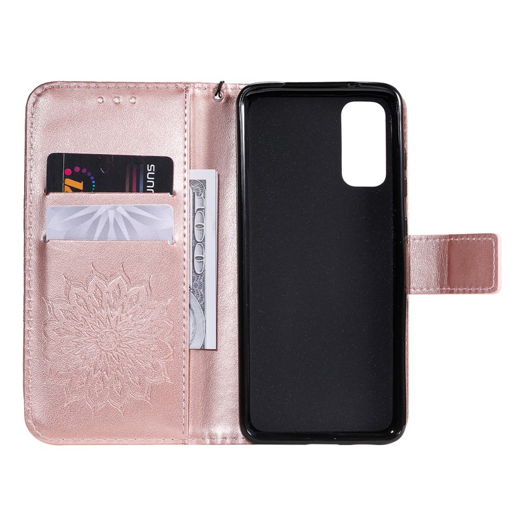 Imprint Sunflower Wallet Leather Casing for Samsung Galaxy S20 - Rose Gold-5