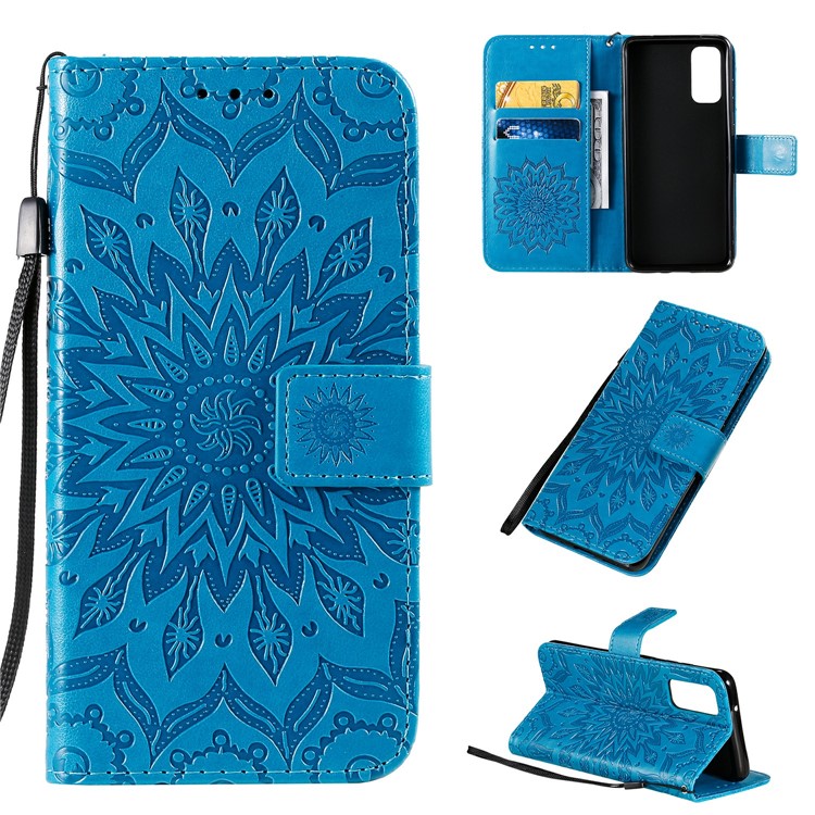 Imprint Sunflower Wallet Leather Casing for Samsung Galaxy S20 - Blue-1