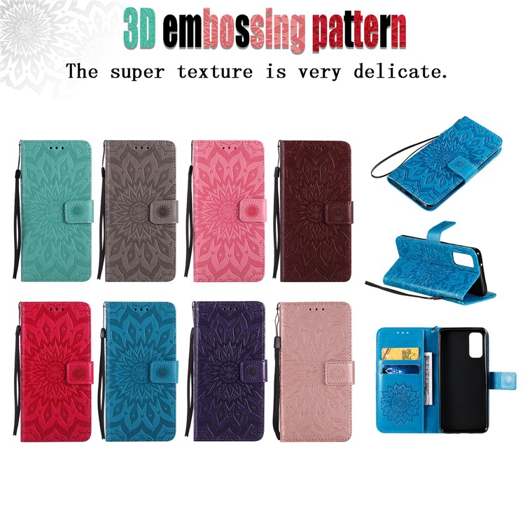 Imprint Sunflower Wallet Leather Casing for Samsung Galaxy S20 - Blue-11