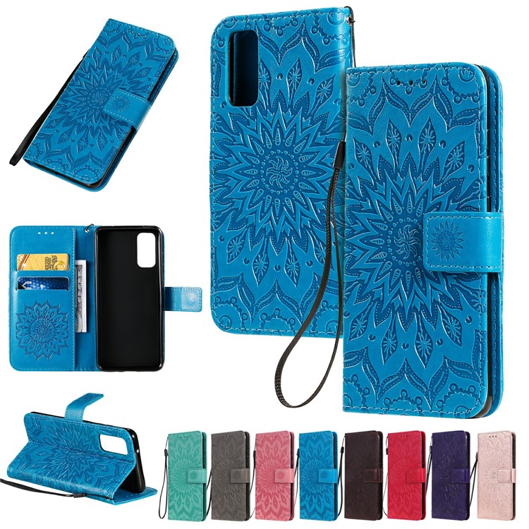 Imprint Sunflower Wallet Leather Casing for Samsung Galaxy S20 - Blue-12
