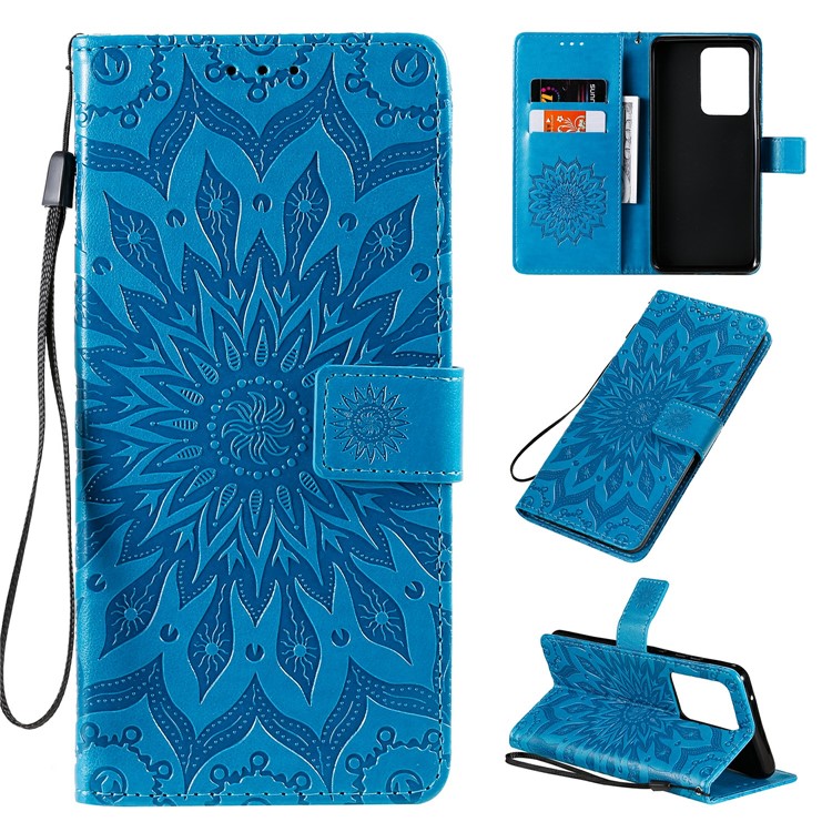 Imprint Sunflower Wallet Stand Leather Cover with Strap for Samsung Galaxy S20 Ultra - Blue-1