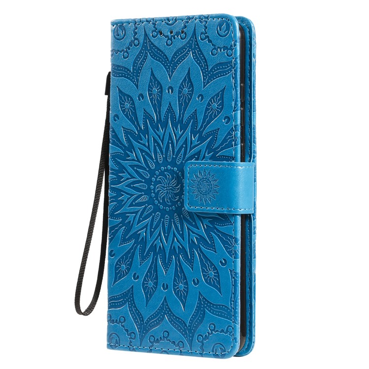 Imprint Sunflower Wallet Stand Leather Cover with Strap for Samsung Galaxy S20 Ultra - Blue-3