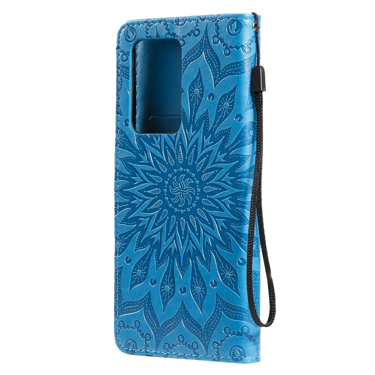 Imprint Sunflower Wallet Stand Leather Cover with Strap for Samsung Galaxy S20 Ultra - Blue-4
