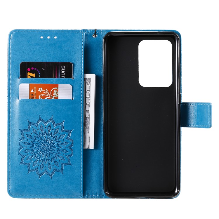 Imprint Sunflower Wallet Stand Leather Cover with Strap for Samsung Galaxy S20 Ultra - Blue-5