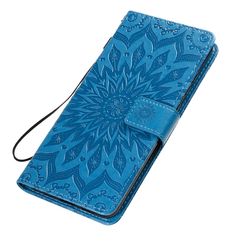 Imprint Sunflower Wallet Stand Leather Cover with Strap for Samsung Galaxy S20 Ultra - Blue-6