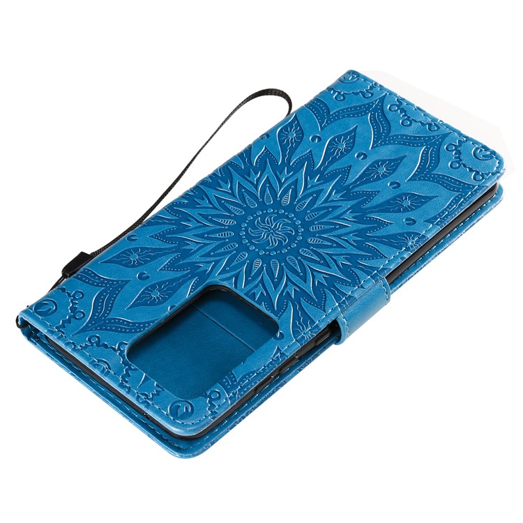 Imprint Sunflower Wallet Stand Leather Cover with Strap for Samsung Galaxy S20 Ultra - Blue-7