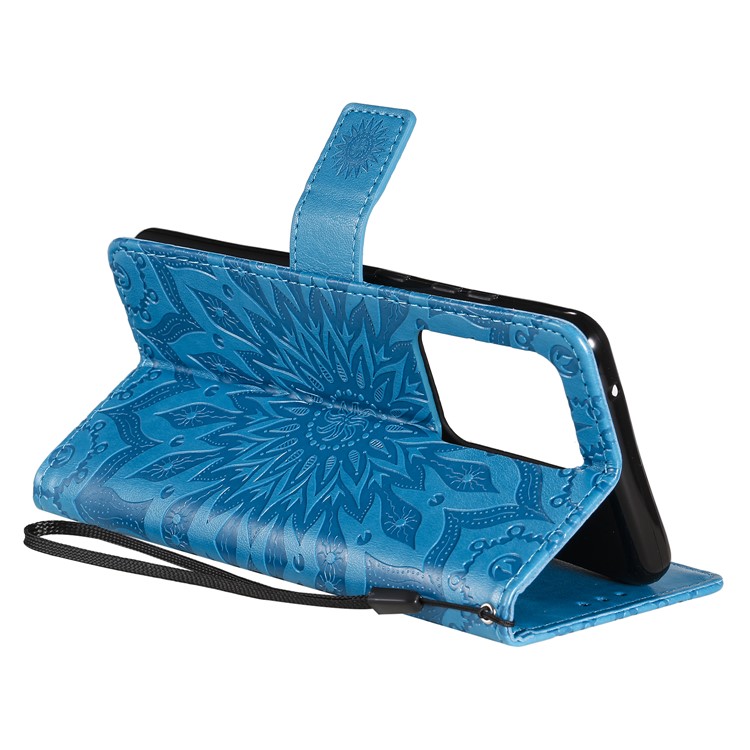 Imprint Sunflower Wallet Stand Leather Cover with Strap for Samsung Galaxy S20 Ultra - Blue-8