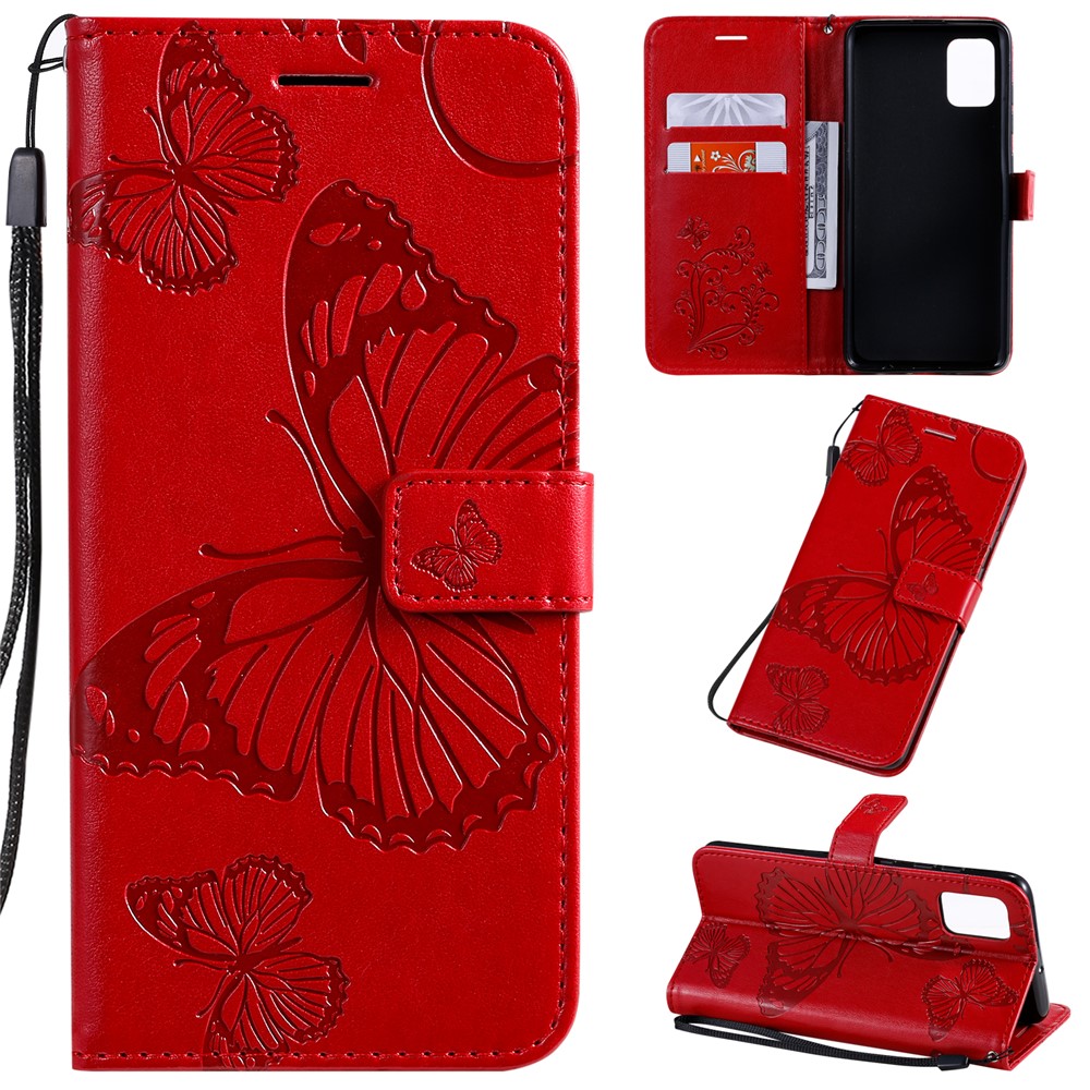 Imprint Butterfly Leather Wallet Case for Samsung Galaxy A51 - Red-1