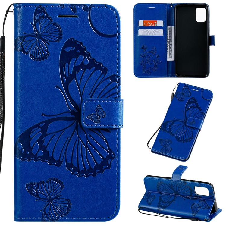 Imprint Butterfly Leather Wallet Case for Samsung Galaxy A51 - Blue-1