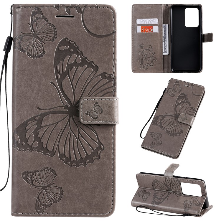 Imprint Butterfly Leather Wallet Case for Samsung Galaxy S20 Ultra - Grey-1