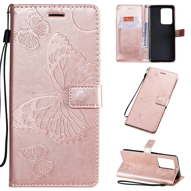 Imprint Butterfly Leather Wallet Case for Samsung Galaxy S20 Ultra - Rose Gold-1