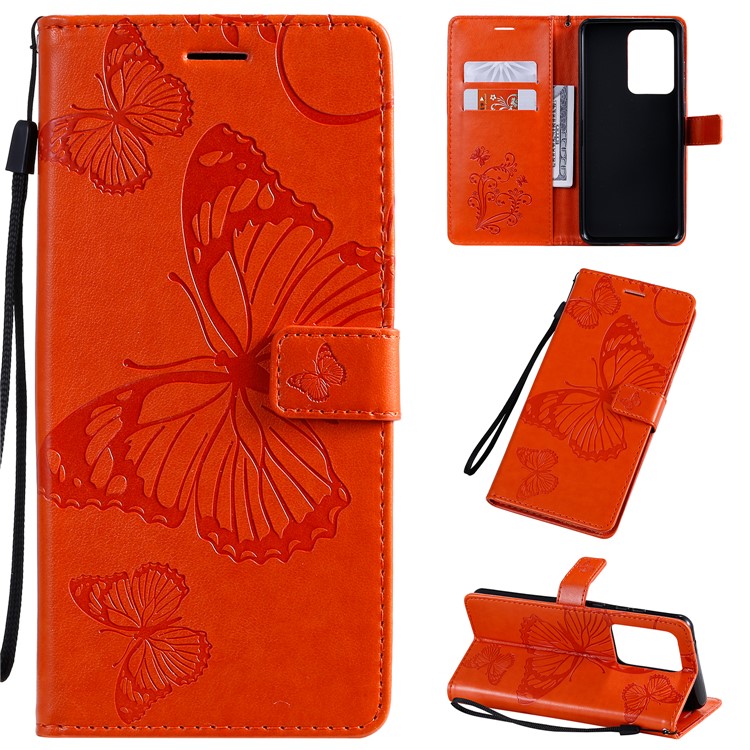 Imprint Butterfly Leather Wallet Case for Samsung Galaxy S20 Ultra - Orange-1