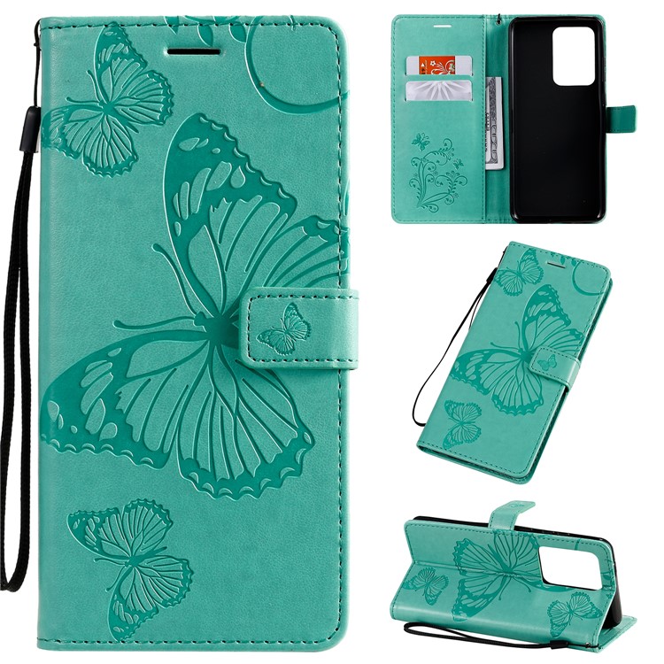 Imprint Butterfly Leather Wallet Case for Samsung Galaxy S20 Ultra - Green-1