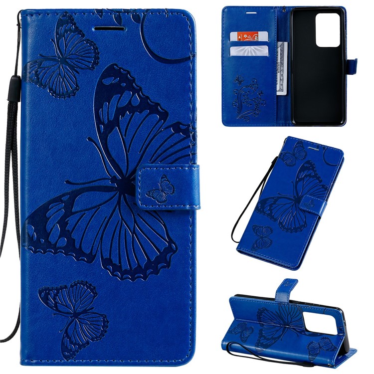 Imprint Butterfly Leather Wallet Case for Samsung Galaxy S20 Ultra - Blue-1