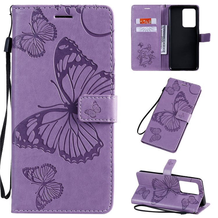 Imprint Butterfly Leather Wallet Case for Samsung Galaxy S20 Ultra - Purple-1
