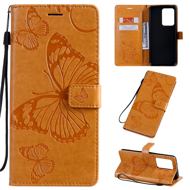 Imprint Butterfly Leather Wallet Case for Samsung Galaxy S20 Ultra - Brown-1