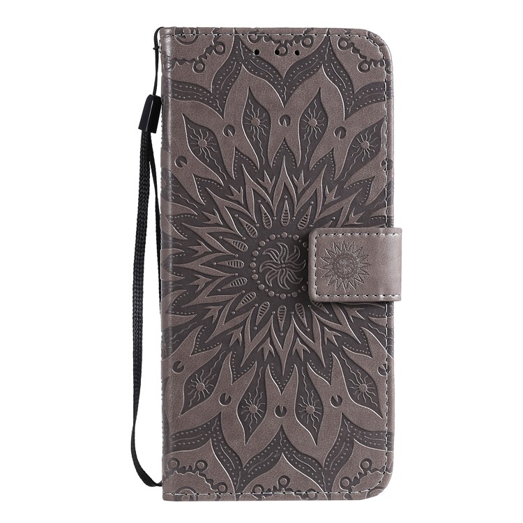 KT Imprinting Flower Series-1 Imprint Sunflower Leather Wallet Case for Samsung Galaxy A51 - Grey-2