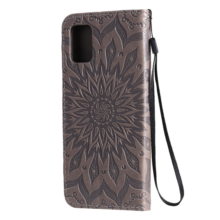 KT Imprinting Flower Series-1 Imprint Sunflower Leather Wallet Case for Samsung Galaxy A51 - Grey-4