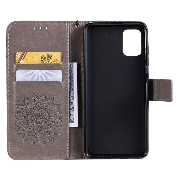 KT Imprinting Flower Series-1 Imprint Sunflower Leather Wallet Case for Samsung Galaxy A51 - Grey-5