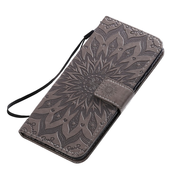 KT Imprinting Flower Series-1 Imprint Sunflower Leather Wallet Case for Samsung Galaxy A51 - Grey-8