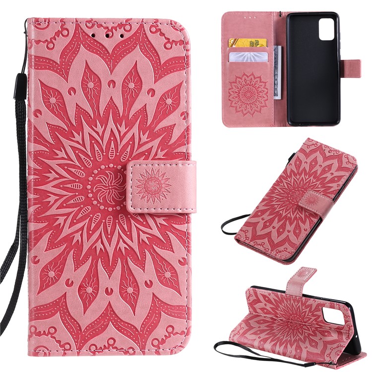 Imprint Sunflower Leather Wallet Case for Samsung Galaxy A51 - Pink-1