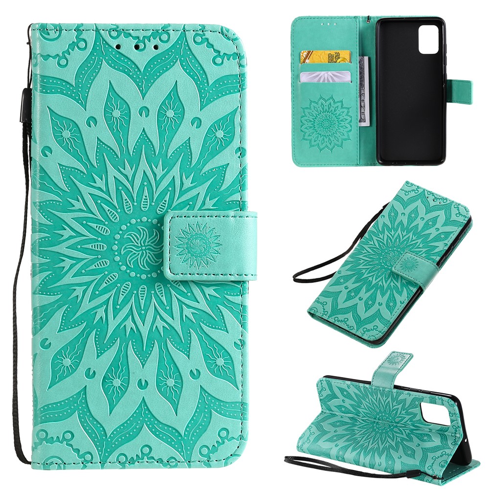 Imprint Sunflower Leather Wallet Case for Samsung Galaxy A51 - Cyan-1