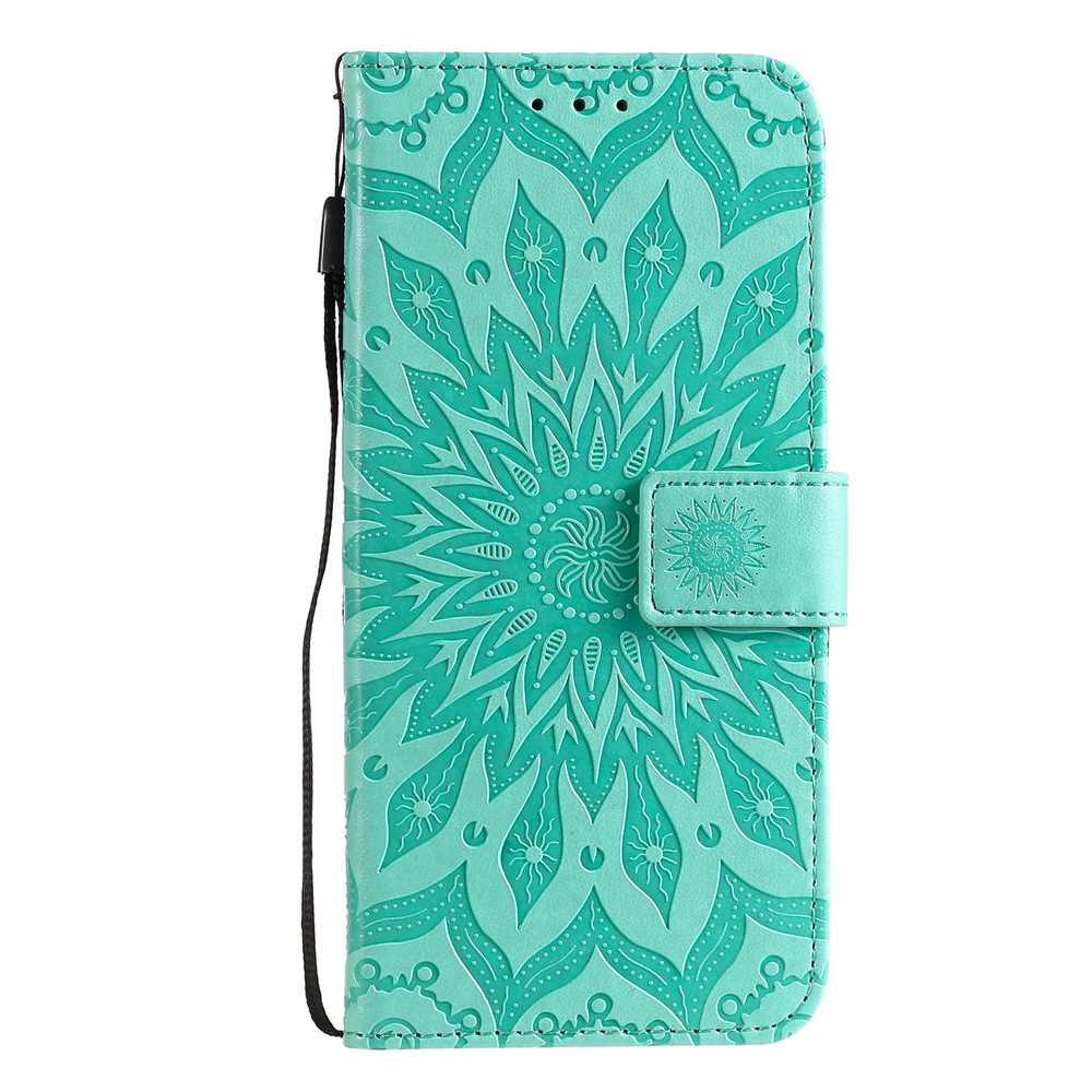 Imprint Sunflower Leather Wallet Case for Samsung Galaxy A51 - Cyan-2