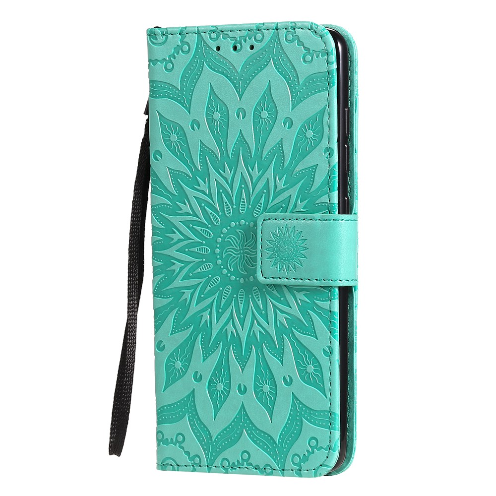 Imprint Sunflower Leather Wallet Case for Samsung Galaxy A51 - Cyan-3