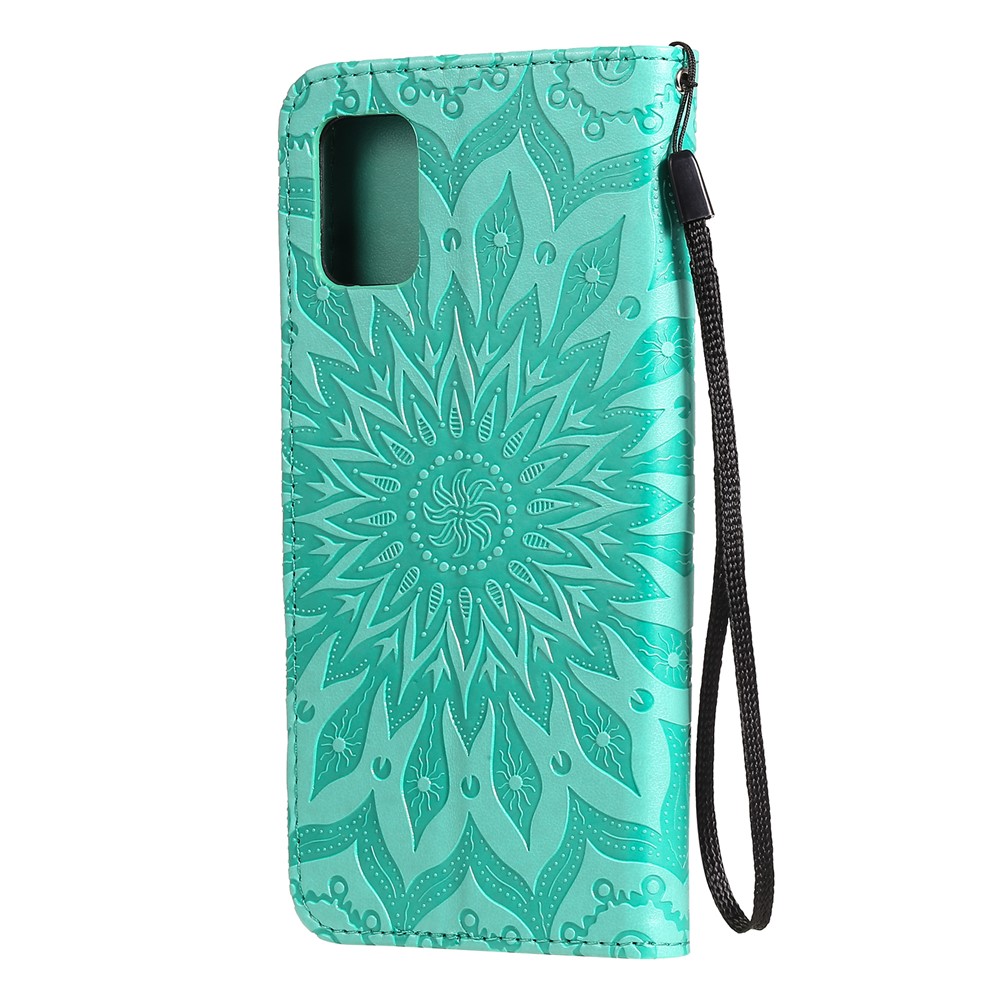 Imprint Sunflower Leather Wallet Case for Samsung Galaxy A51 - Cyan-4