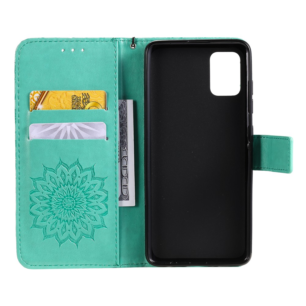 Imprint Sunflower Leather Wallet Case for Samsung Galaxy A51 - Cyan-5