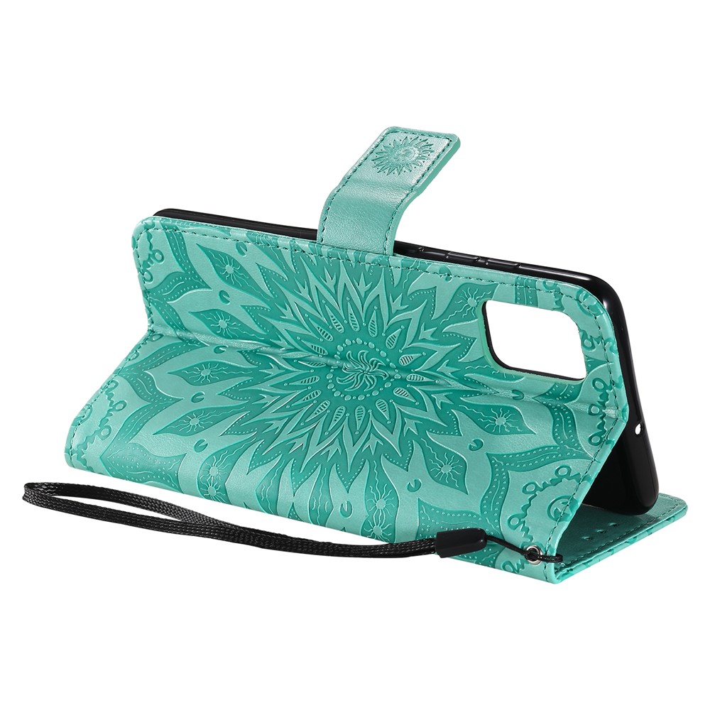 Imprint Sunflower Leather Wallet Case for Samsung Galaxy A51 - Cyan-6