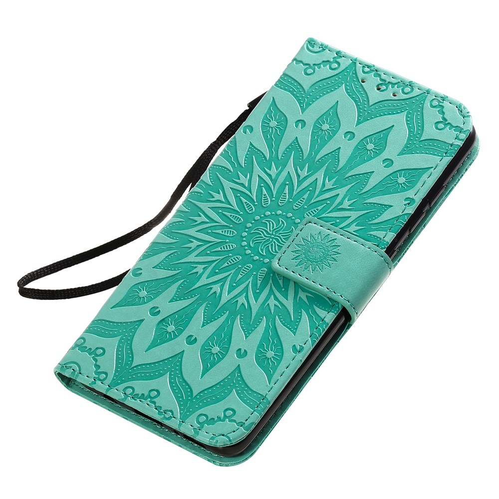 Imprint Sunflower Leather Wallet Case for Samsung Galaxy A51 - Cyan-8