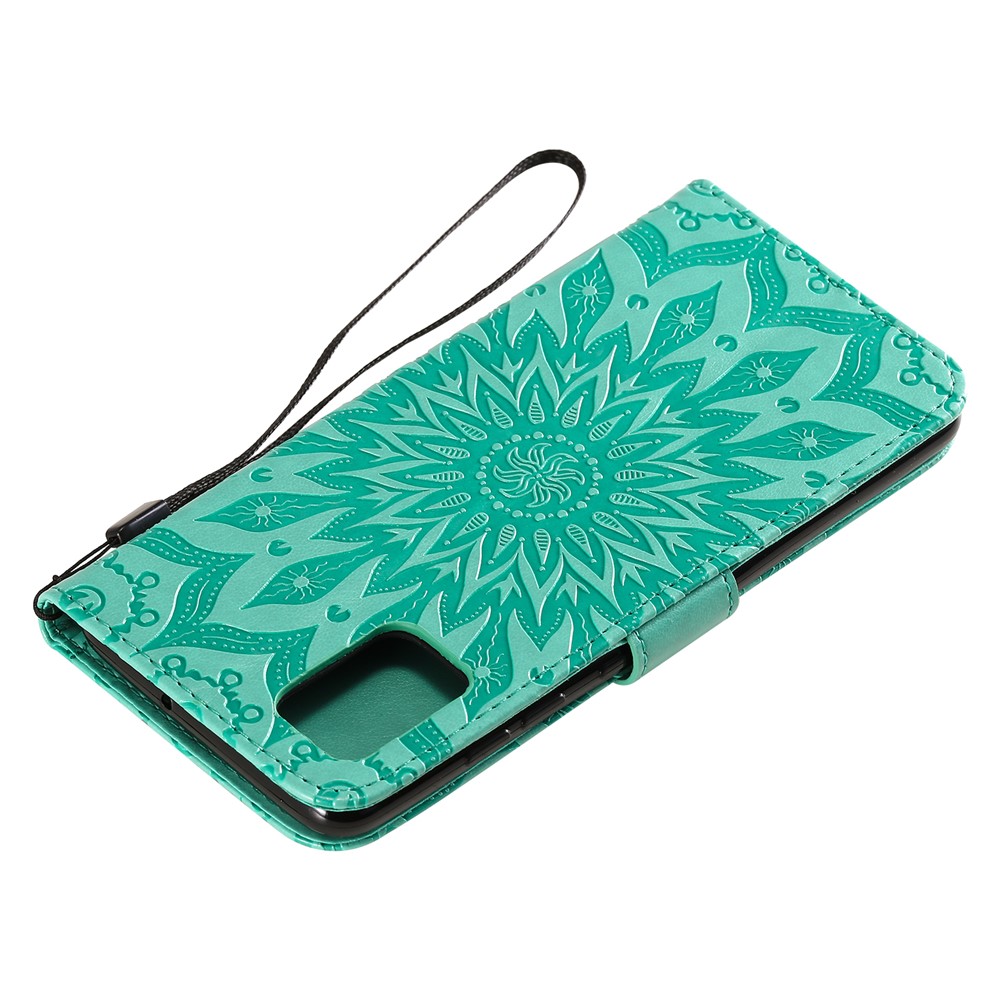 Imprint Sunflower Leather Wallet Case for Samsung Galaxy A51 - Cyan-9