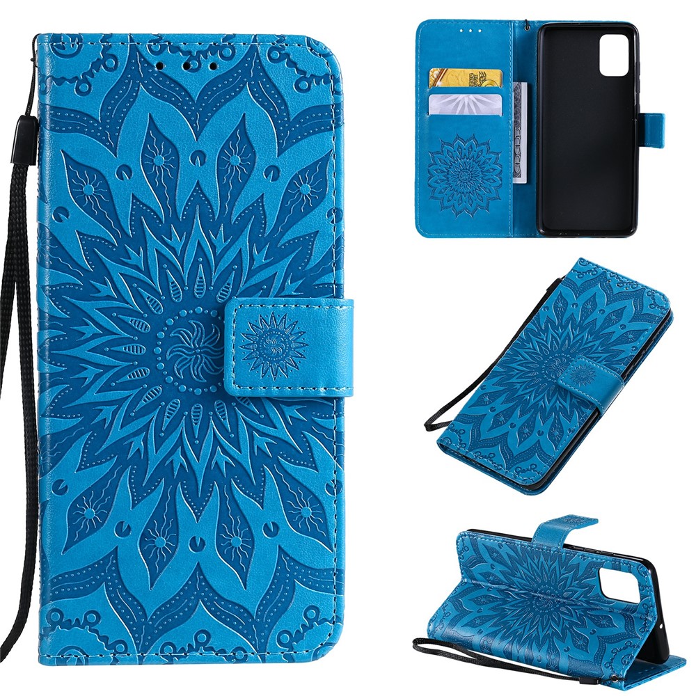 Imprint Sunflower Leather Wallet Case for Samsung Galaxy A51 - Blue-1