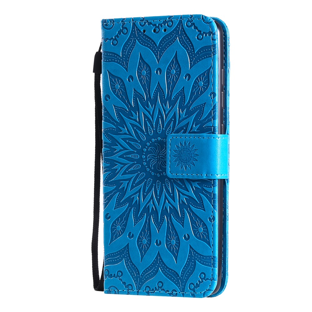 Imprint Sunflower Leather Wallet Case for Samsung Galaxy A51 - Blue-3